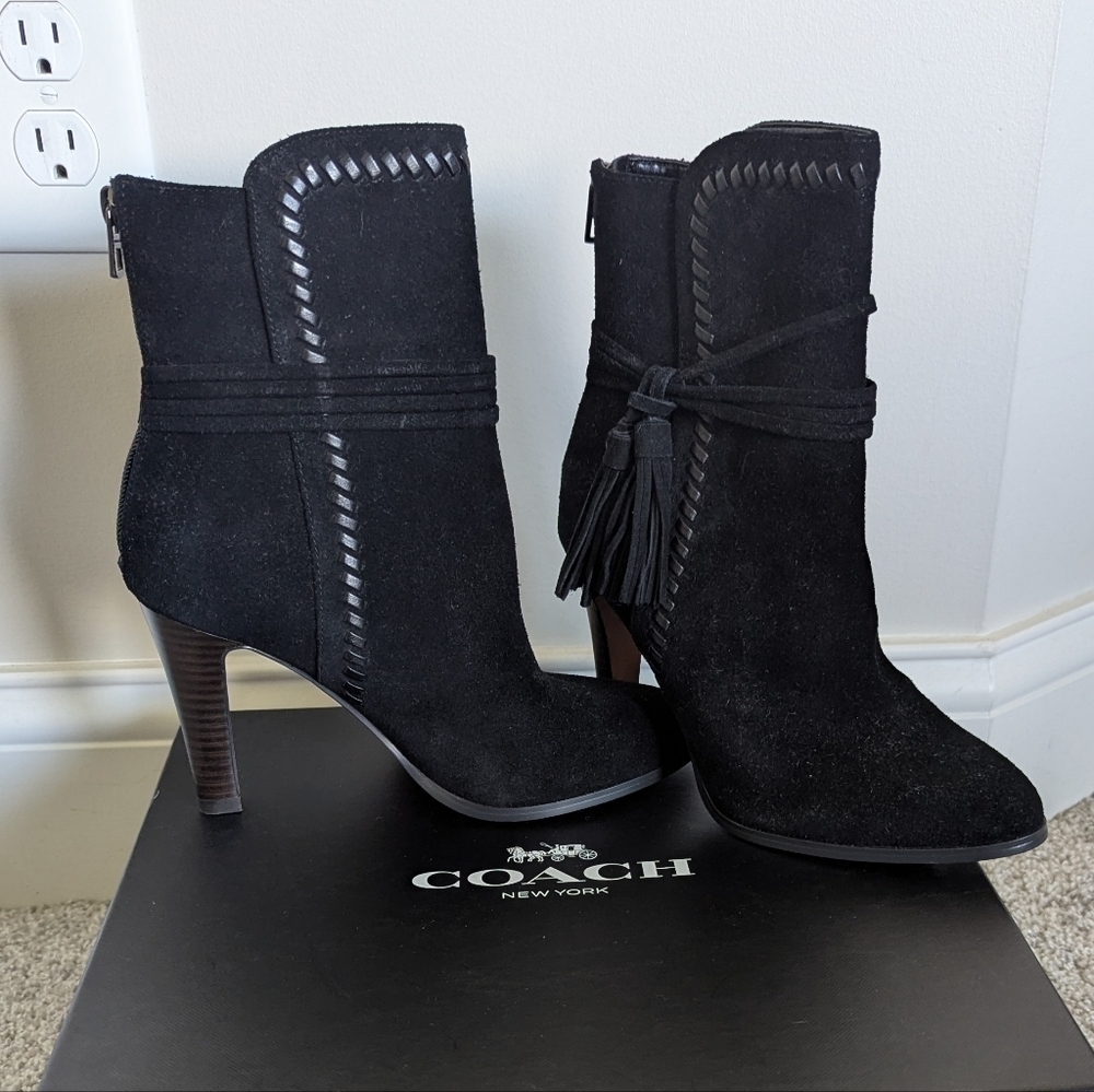 Coach Jessie Suede Silky Nappa Black Tassel Heeled Boots sz 7
